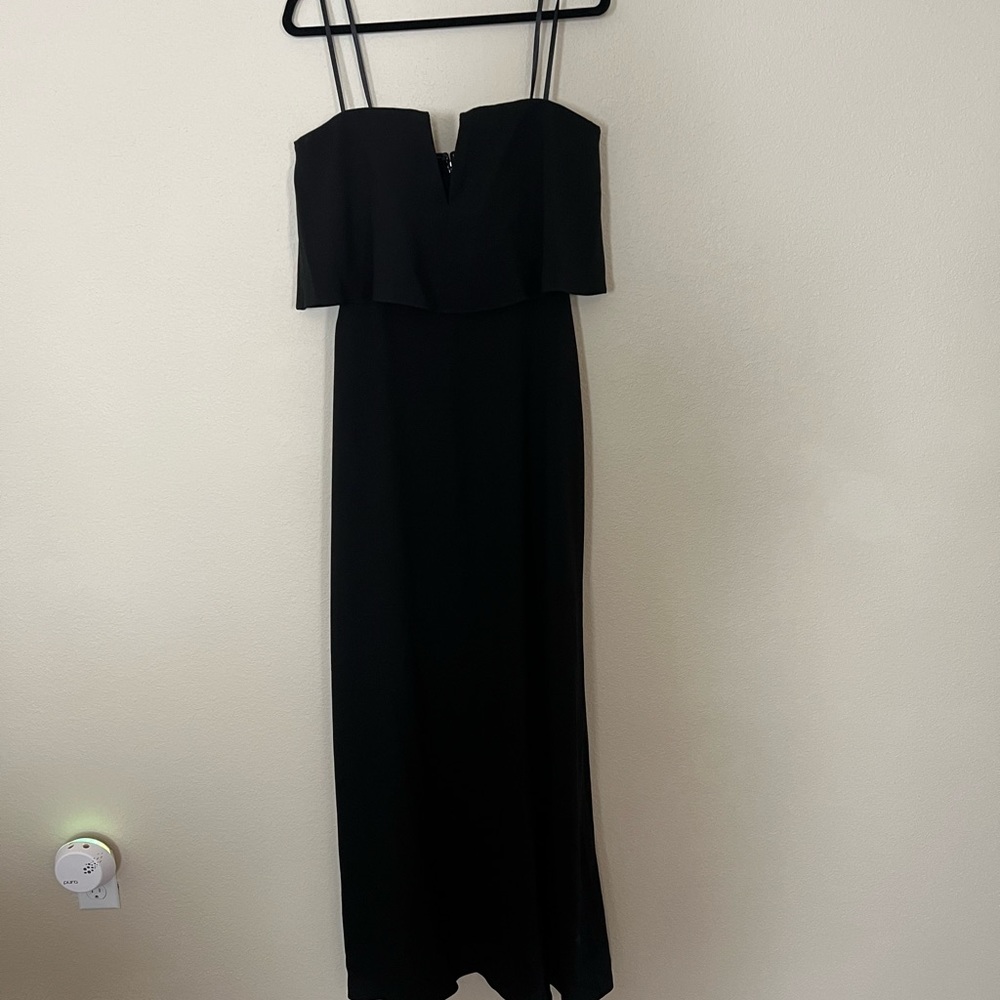 BCBG black formal dress, size 10, long, strapless, split neckline